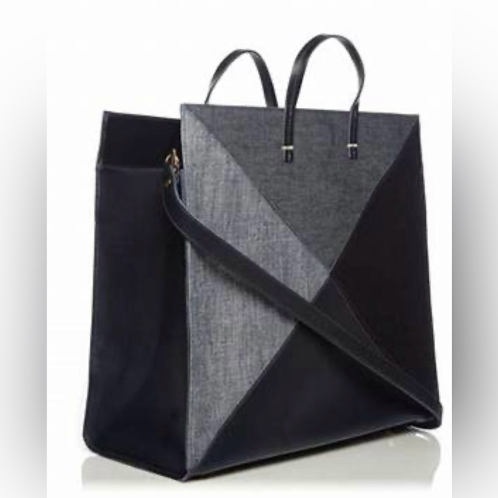 Clare V Denim & Leather Patchwork Tote with Shoulder Strap